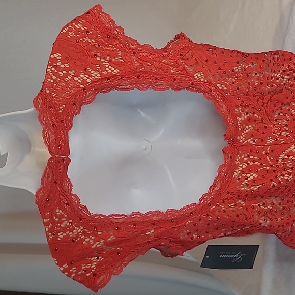 Frank Lyman, red dress, plunging neckline, fully lined, lace, red rhinestones - Picture 5 of 10